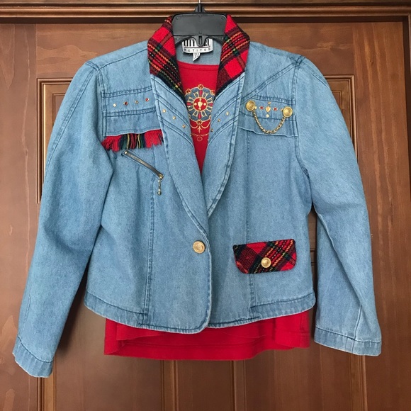 Vintage 80s Cropped Denim Jacket & Top Set, City Girl, Jean Plaid Blazer, Medium - Picture 5 of 16